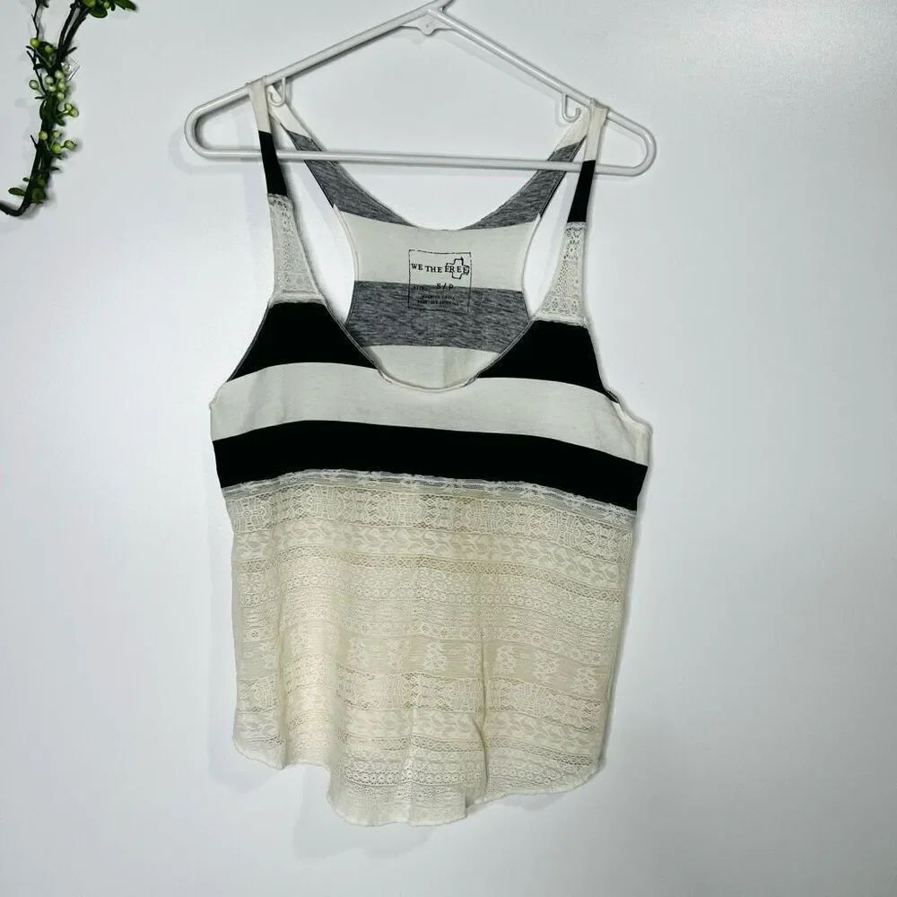 We The Free Women's White Black Striped Racerback Lace Tank Size Small